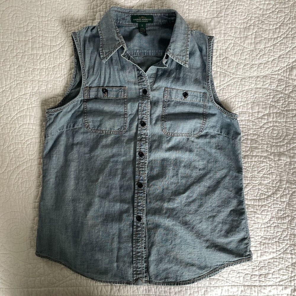 LRL Ralph Lauren Denim Sleeveless Shirt Small Chambray Button Down Blue Top S